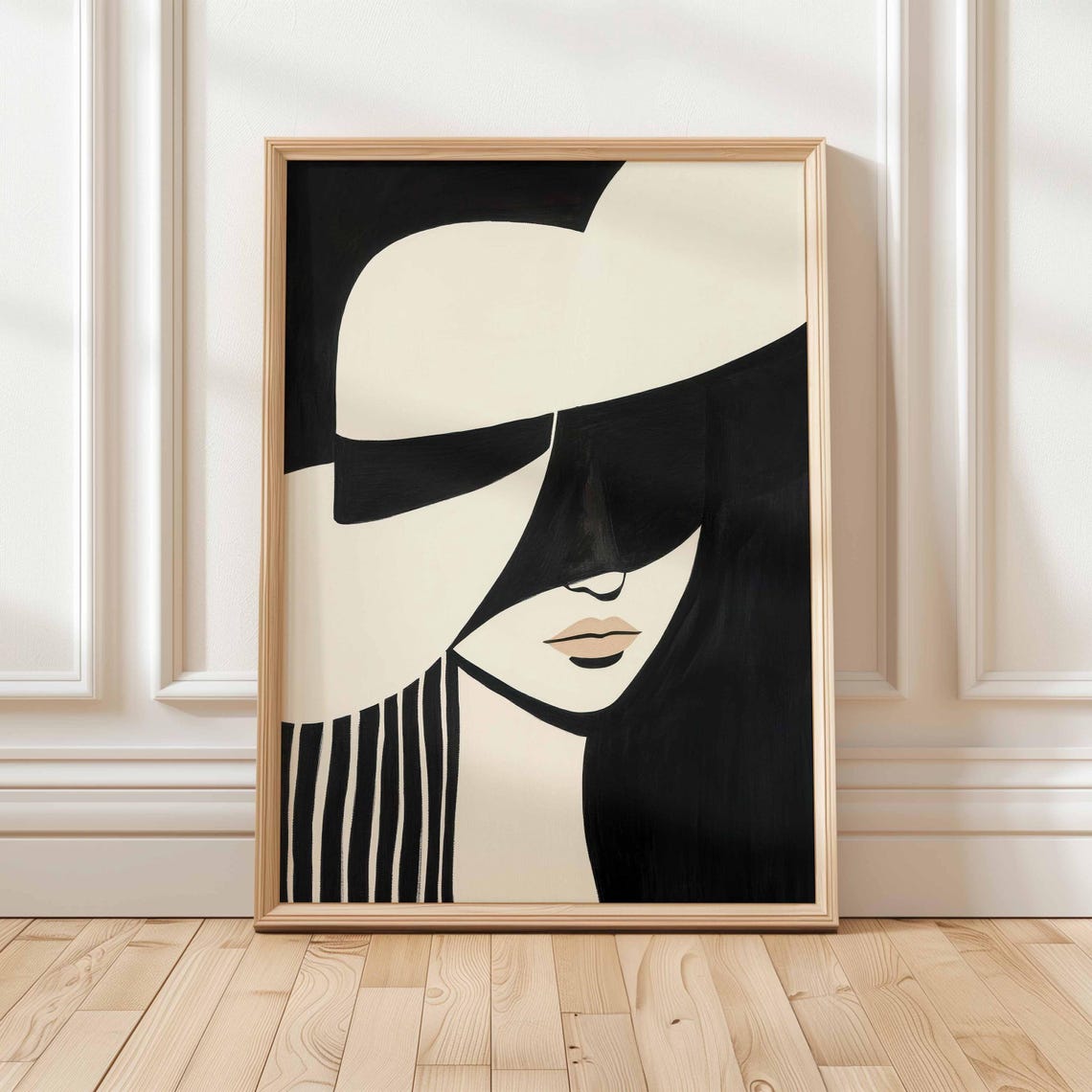 Monochrome Woman With Hat Striped Abstract Portrait Fashion Poster