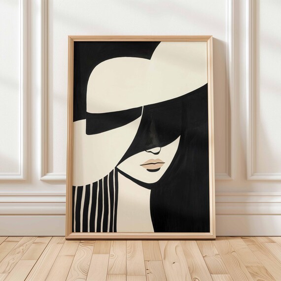 Woman With Hat Neutral Striped Minimalist Portrait Elegant Modern Fashion Wall Art Bold Feminine Stylish Print