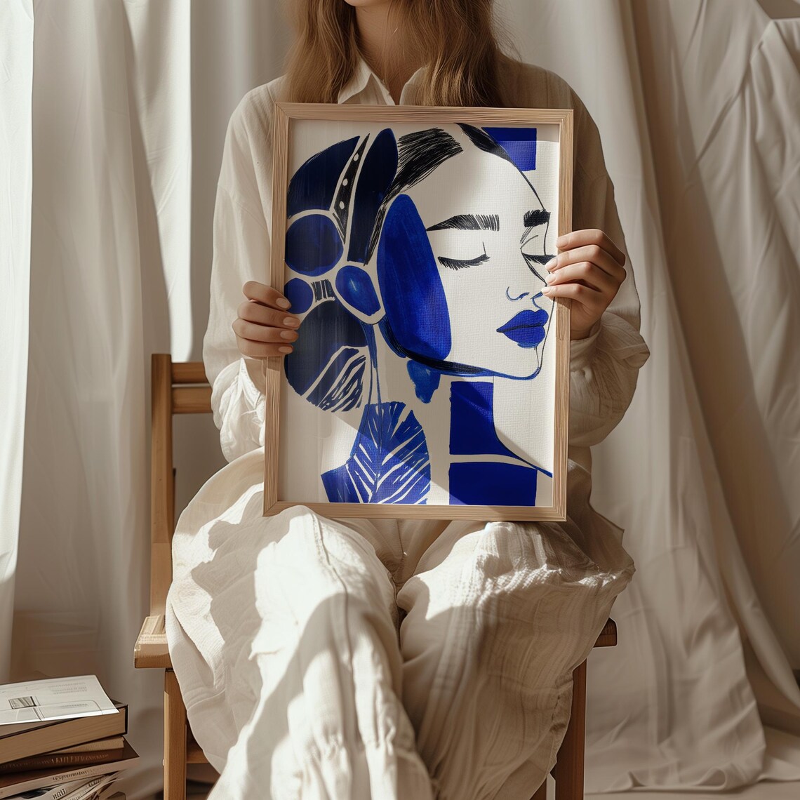 Cobalt Blue Abstract Woman Face With Blue Leaf Shapes Poster - Image 2