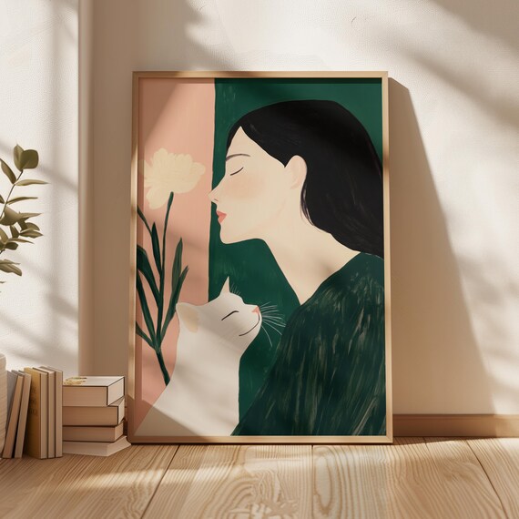 Minimalist Serene Woman Holding White Cat Green Blush Art Poster