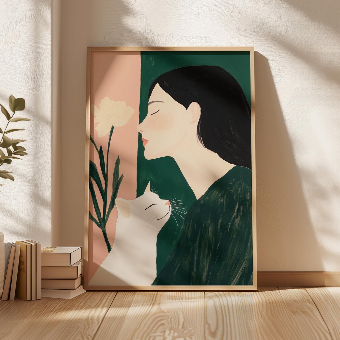 Minimalist Serene Woman Holding White Cat Green Blush Art Poster