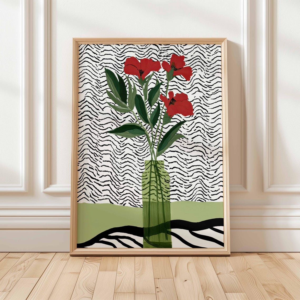 Red Bouquet In Green Vase Zebra Stripe Modern Bold Floral Poster