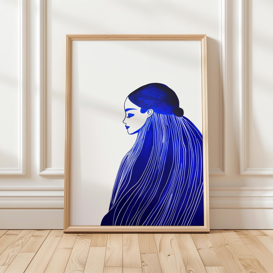Cobalt Blue Woman Profile With Long Fine Lined Hair Art Poster