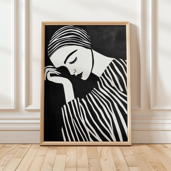 Woman Profile With Zebra Striped Hair On Black Background Poster