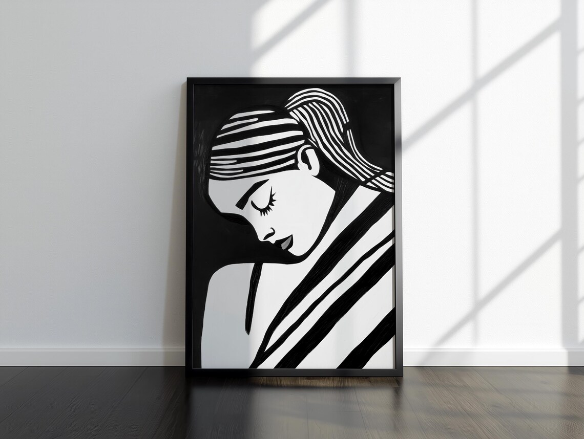 Bold Black White Woman Portrait With Striped Ponytail Poster