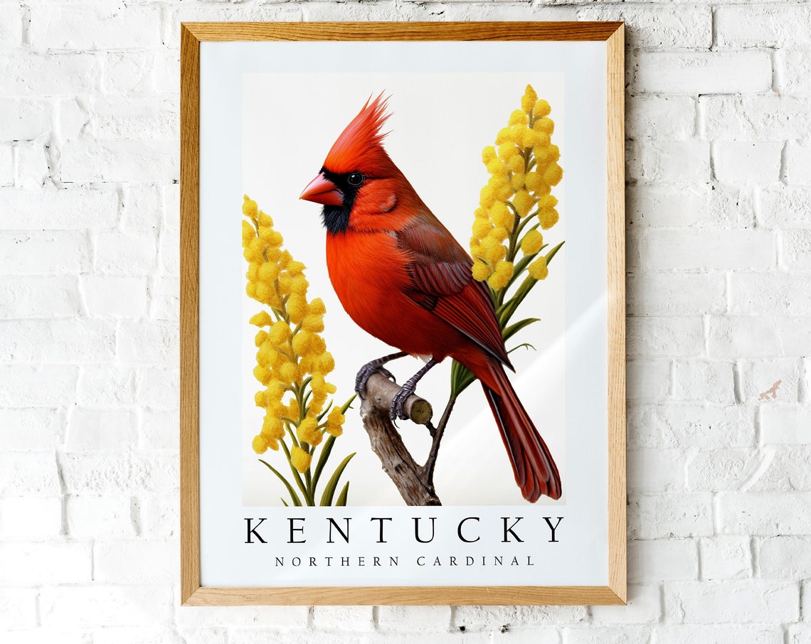 Northern Cardinal Kentucky State Bird Yellow Flower Art Poster