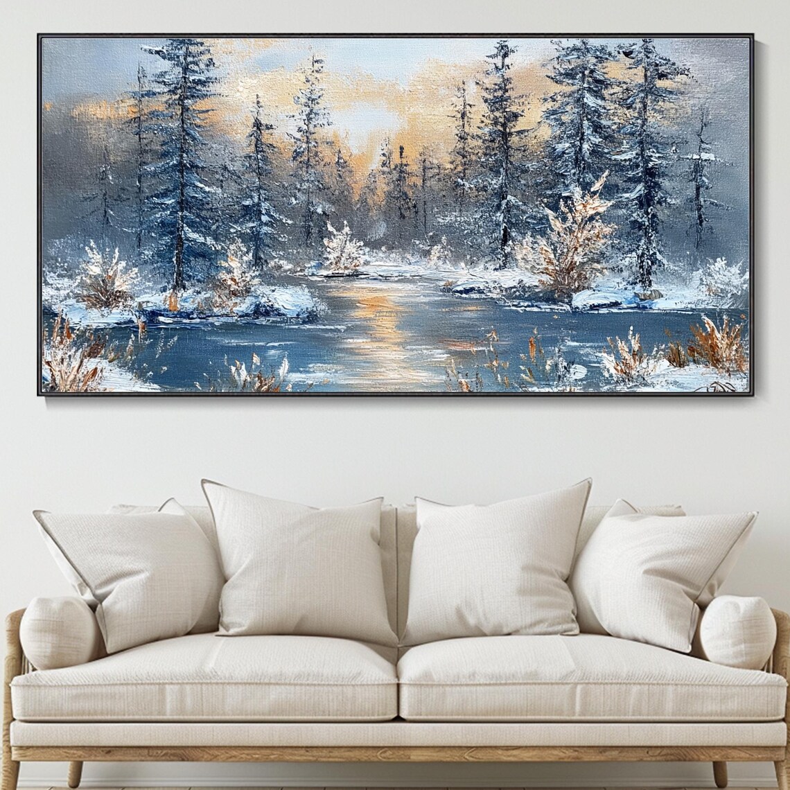 Large Long Wide Original Winter Forest Painting On Horizontal 3d Textured Wall Art Panoramic Snowy Pine Trees Wall Art Starlit Art