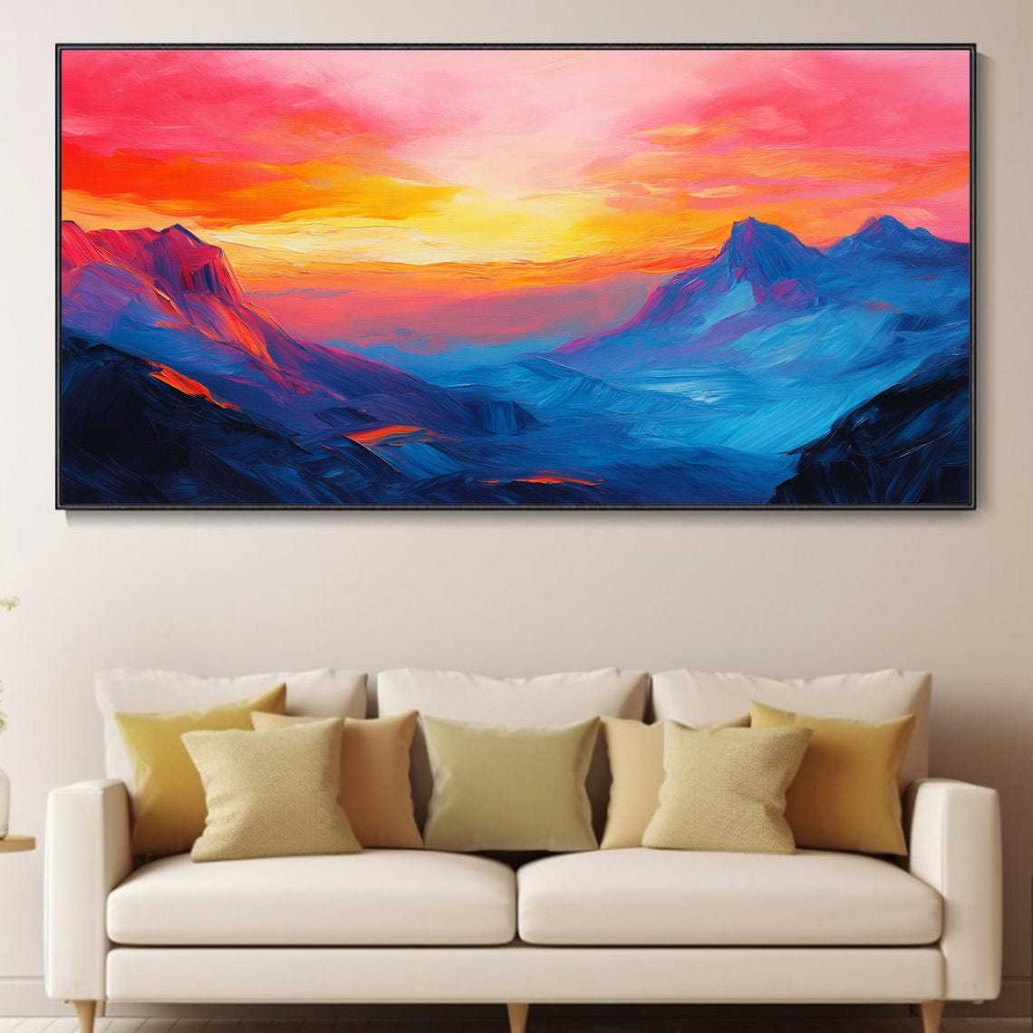 Pink Blue Abstract Mountain Sunset Panoramic Painting Poster