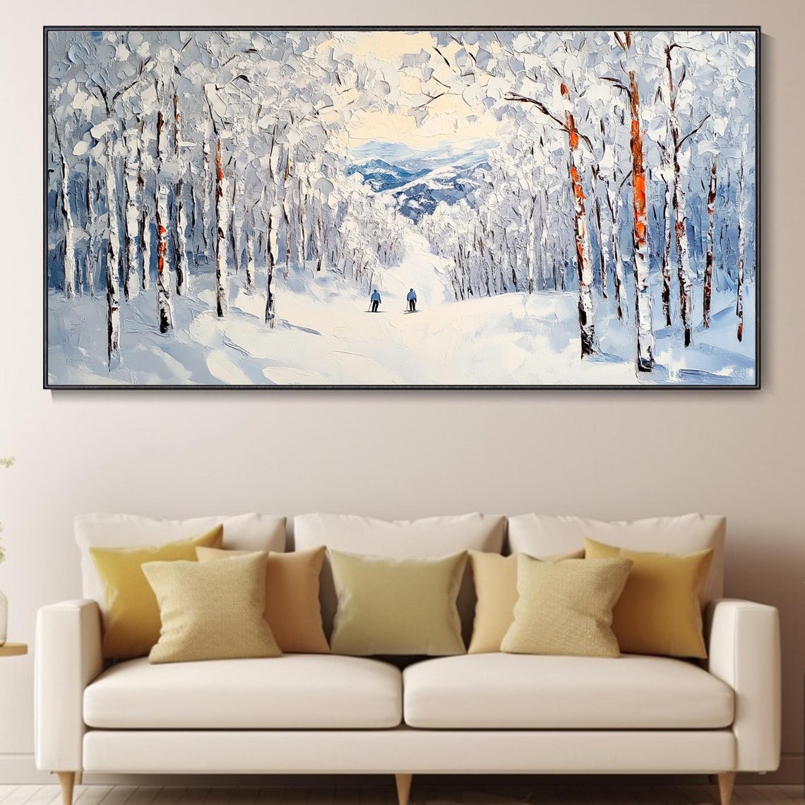 Winter Birch Forest Path Two Figures Snowy Impasto Landscape Poster