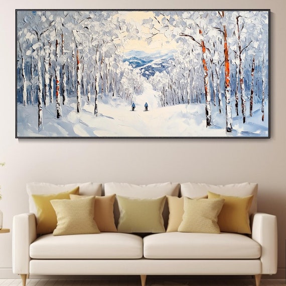 Winter Decor Texture Wall Art Original Ski Sport Painting On Personalized Gift Skier On Snowy Mountain Art White Snow Skiing Art