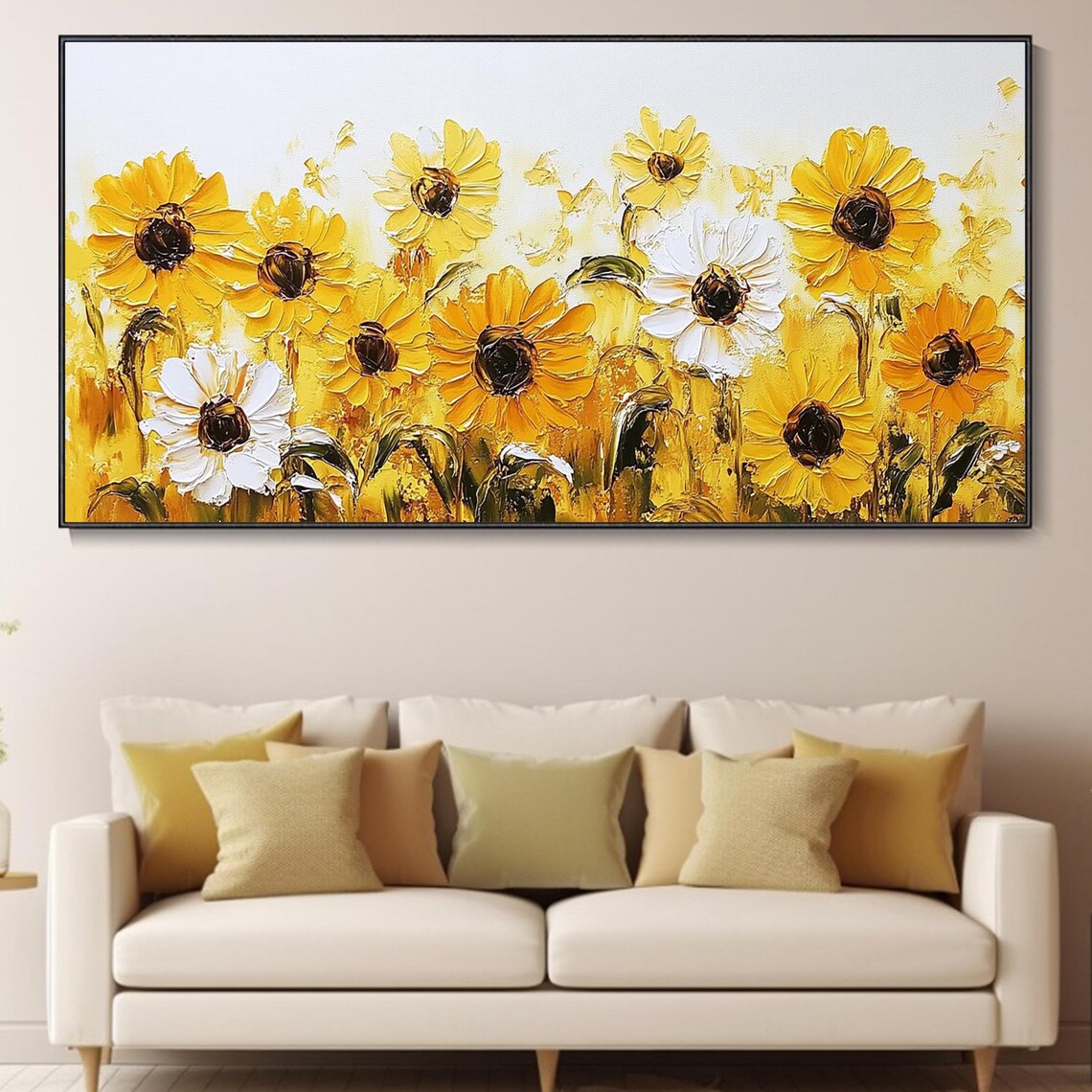 Bright Sunflower Field White Background Golden Impasto Floral Poster