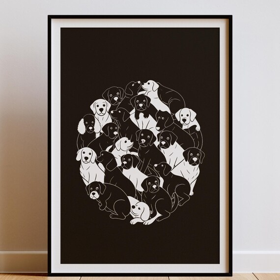 Circle Of Pups Minimalist Dog Lover Line Art Print Black White Puppy Medallion Poster Modern Pet Decor