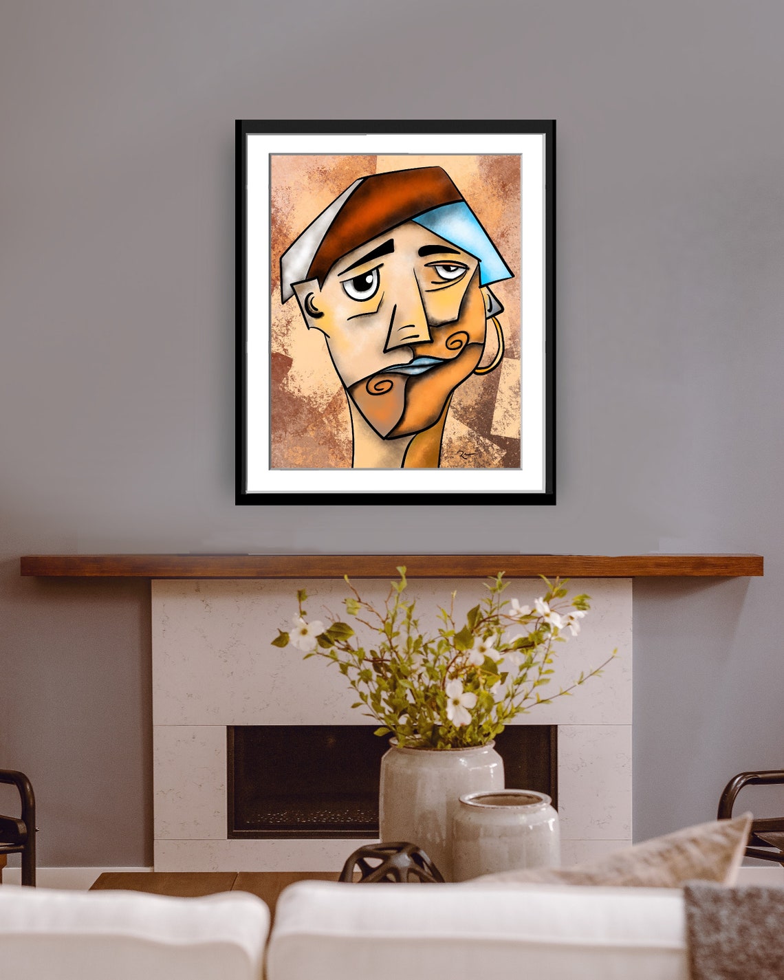 Cubist Mans Face Orange Geometric Fragments Warm Textured Poster - Image 2