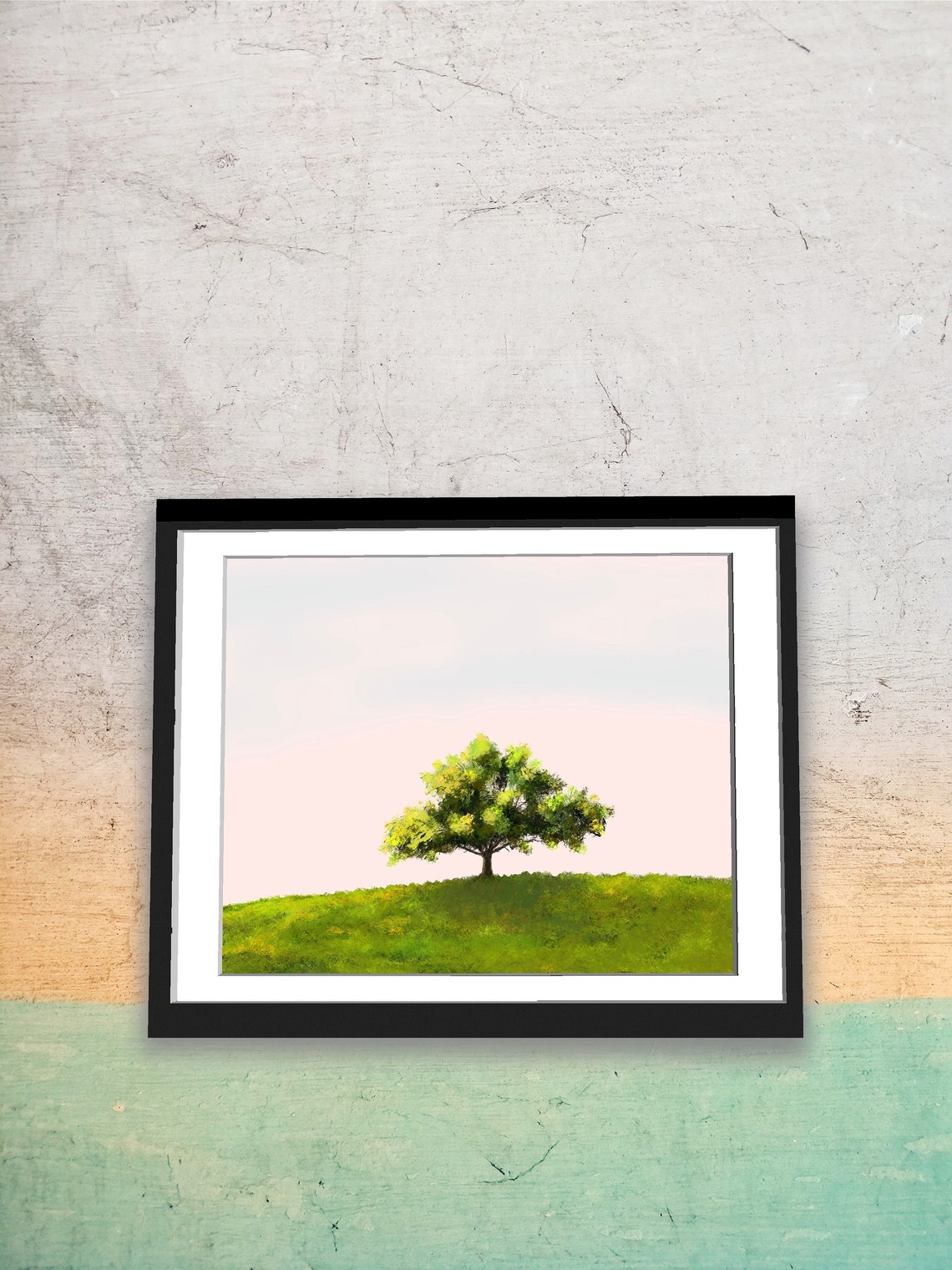 Lone Tree On Green Hill Pink Sky Impressionist Landscape Poster - Image 4