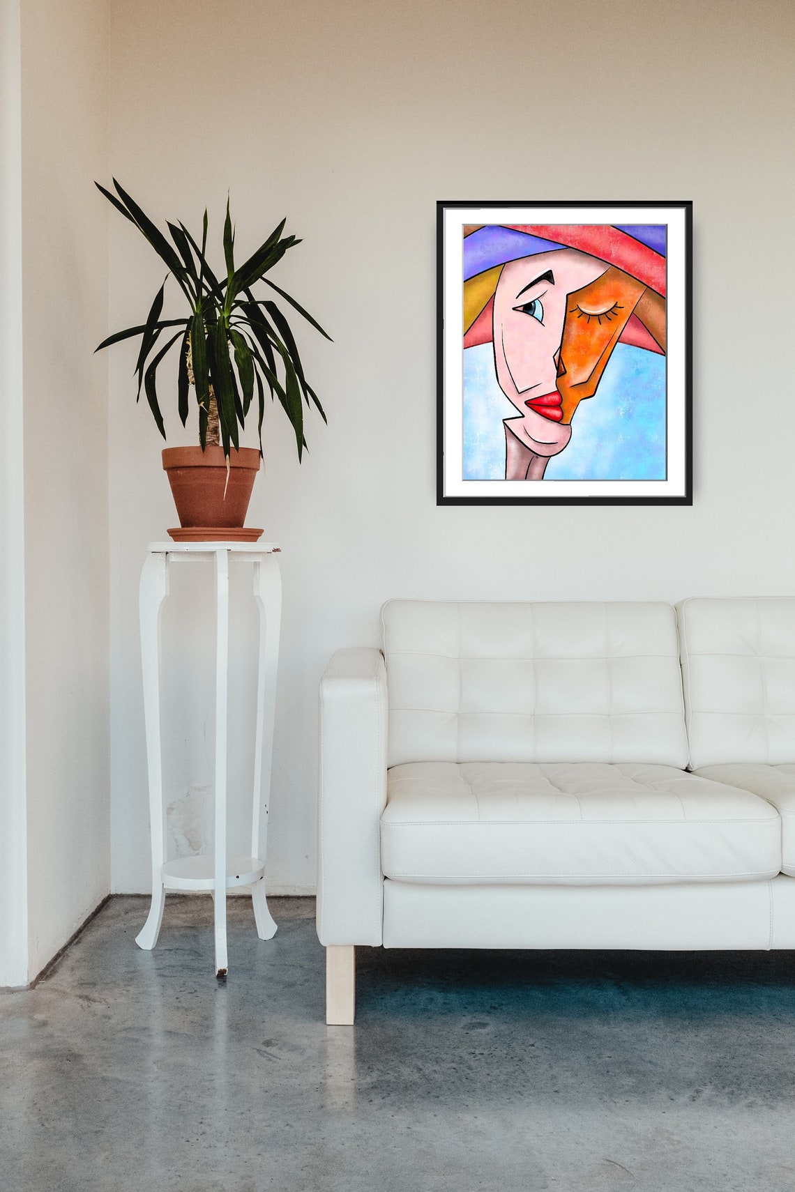 Cubist Split Face Woman Red Lips Orange Blue Abstract Poster - Image 3