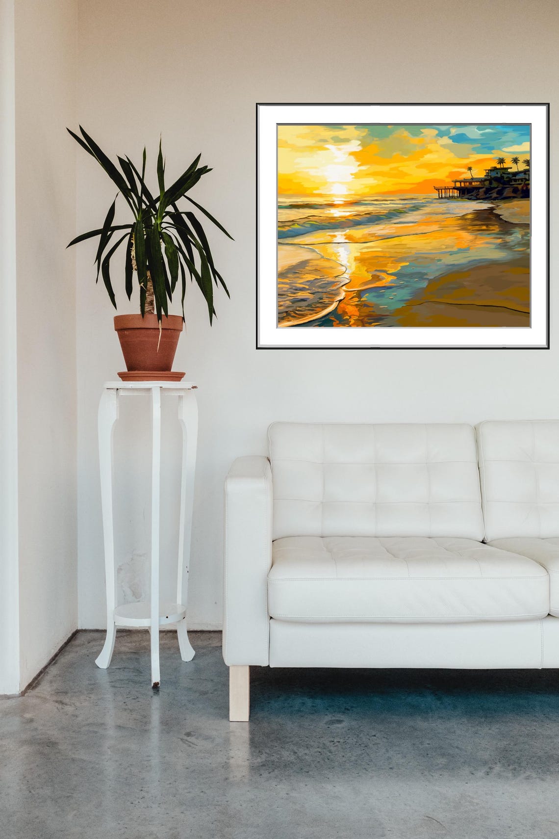 Golden Sunset Beach Pier Palms Ocean Reflections Seascape Poster - Image 2