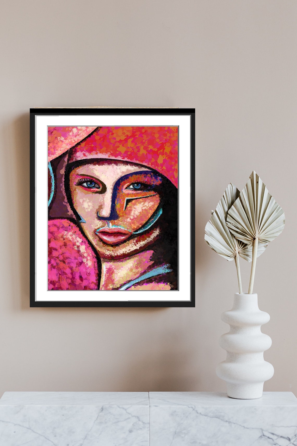 Cubist Womans Face Red Hat Blue Eyes Colorful Abstract Poster