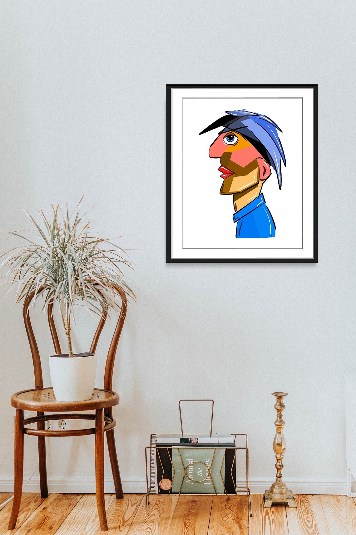 Cubist Male Profile Portrait Blue Hair Geometric Style Art Poster - Image 2