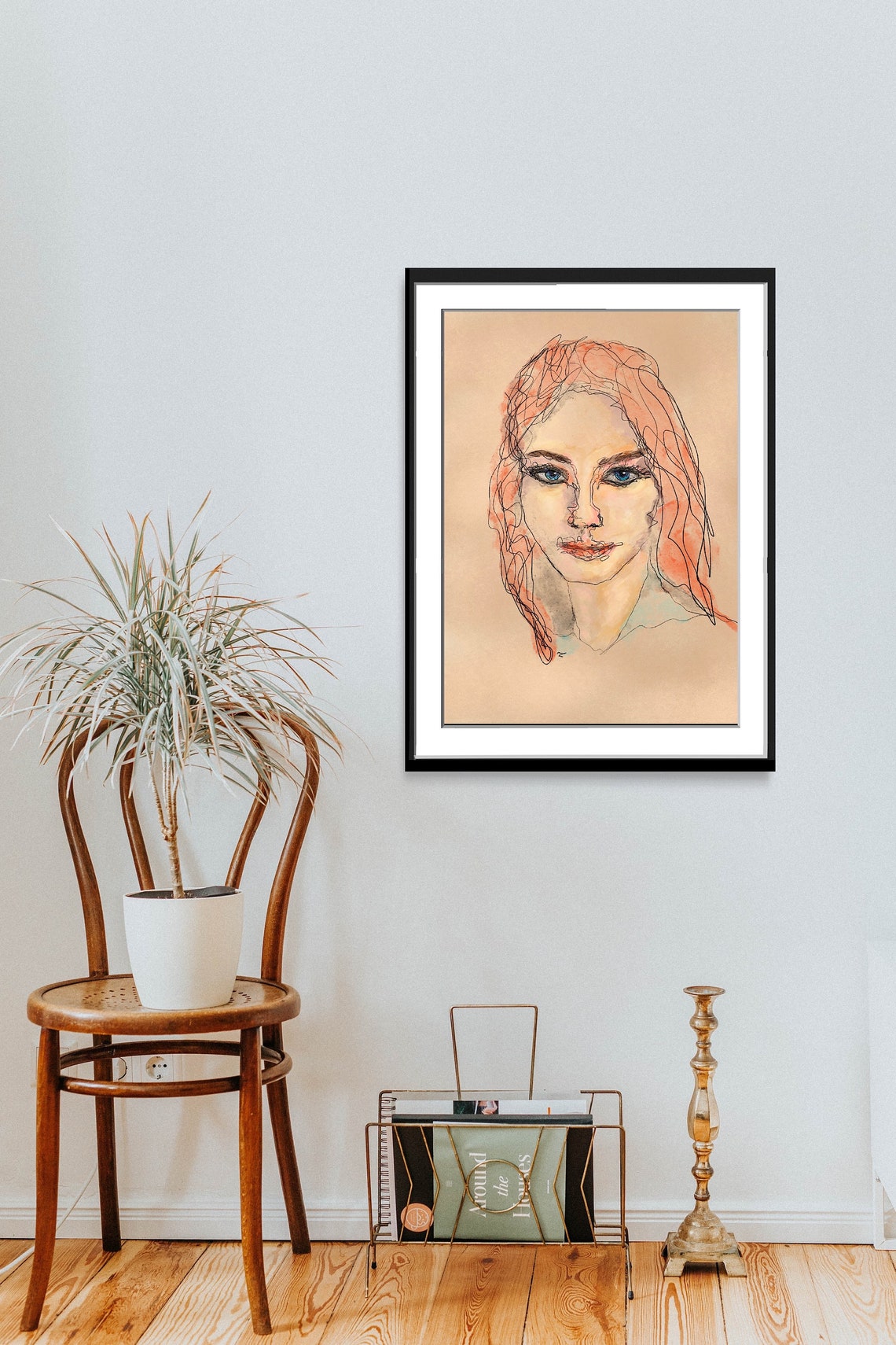 Delicate Line Art Woman Portrait Peach Tones Blue Eyes Poster - Image 2