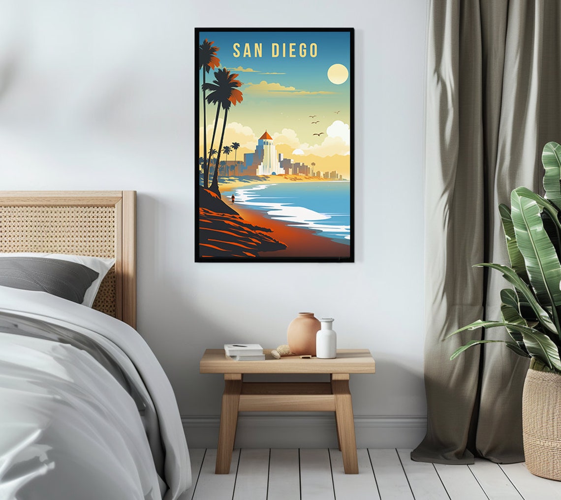 San Diego California Beach Palms Waves Sunset Retro Travel Poster - Image 3
