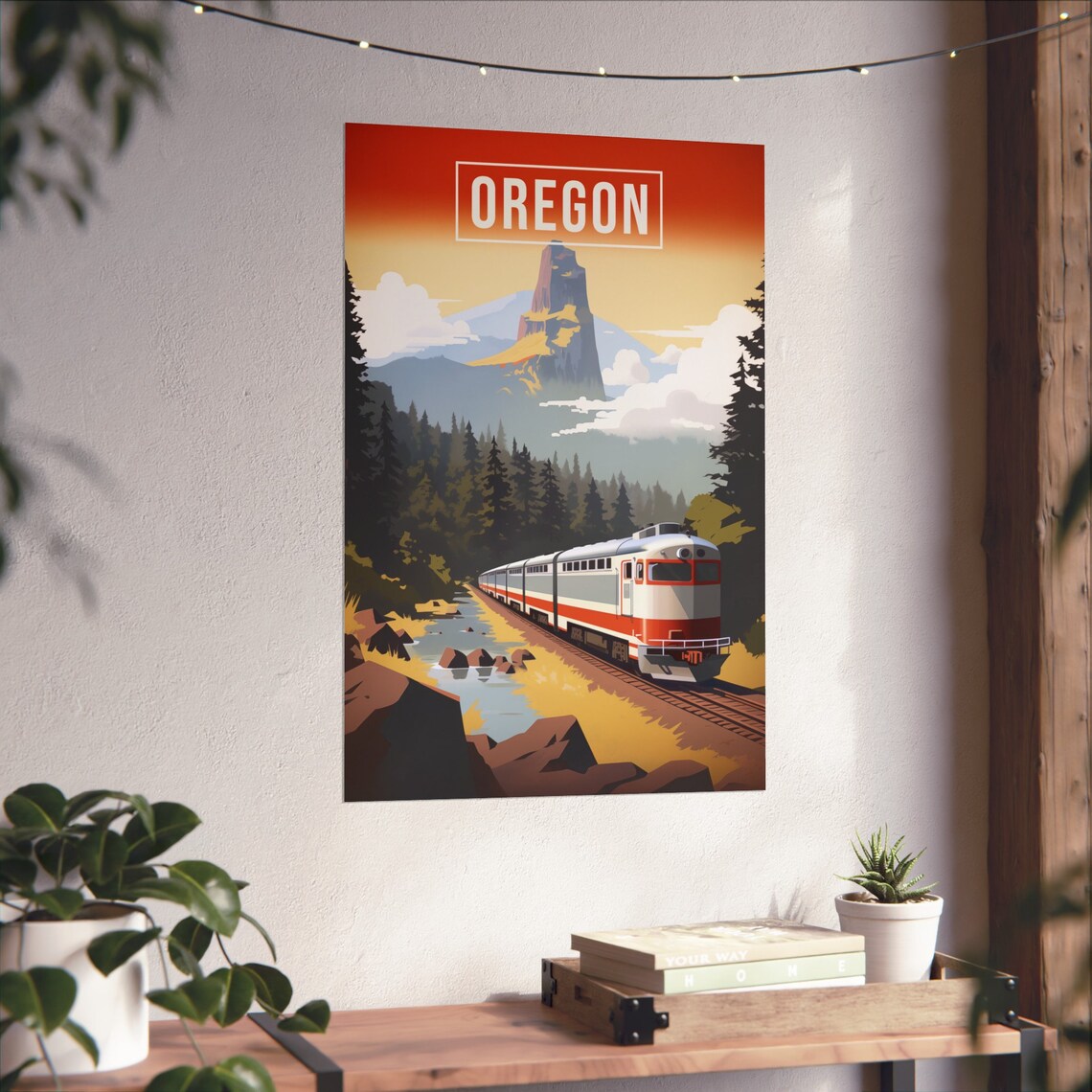 Oregon Mountain Train Pine Forest Sunset Retro Travel Poster - Image 2