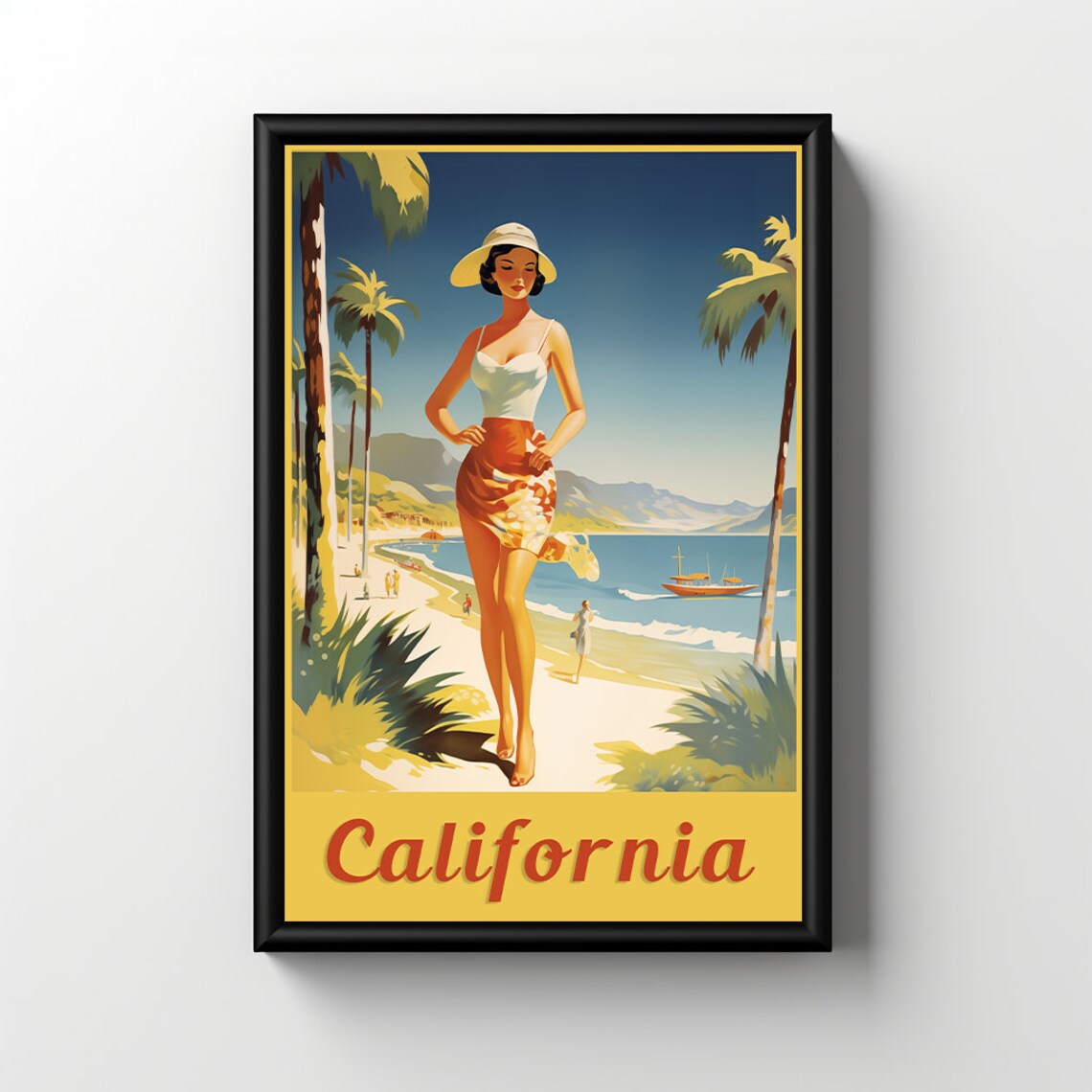 California Vintage Beach Pin-Up Style Illustrated Retro Poster