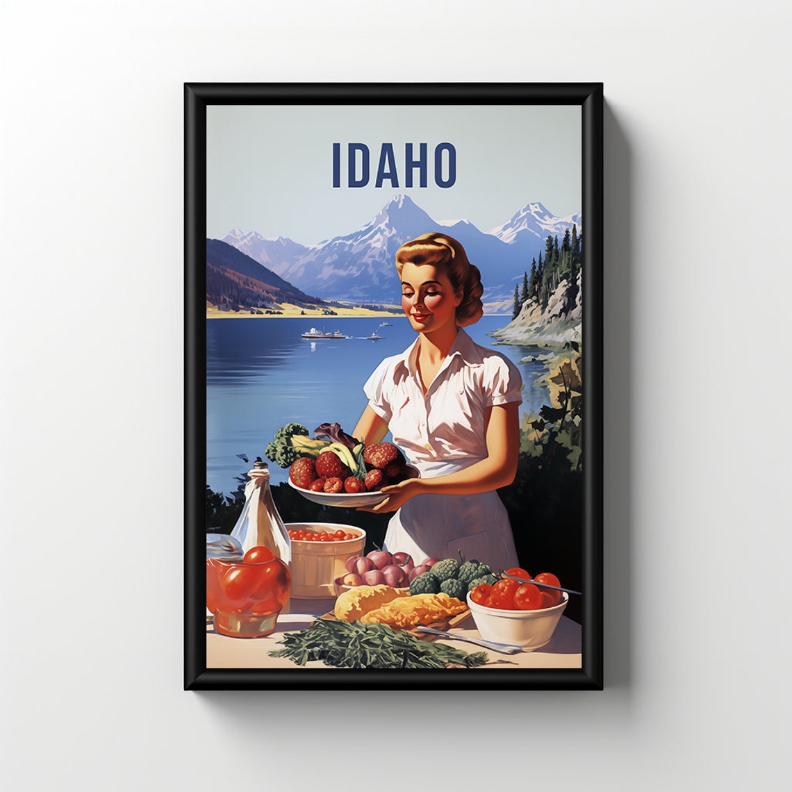 Idaho Retro Harvest Lakeside Mountains Pin Up Style Travel Poster