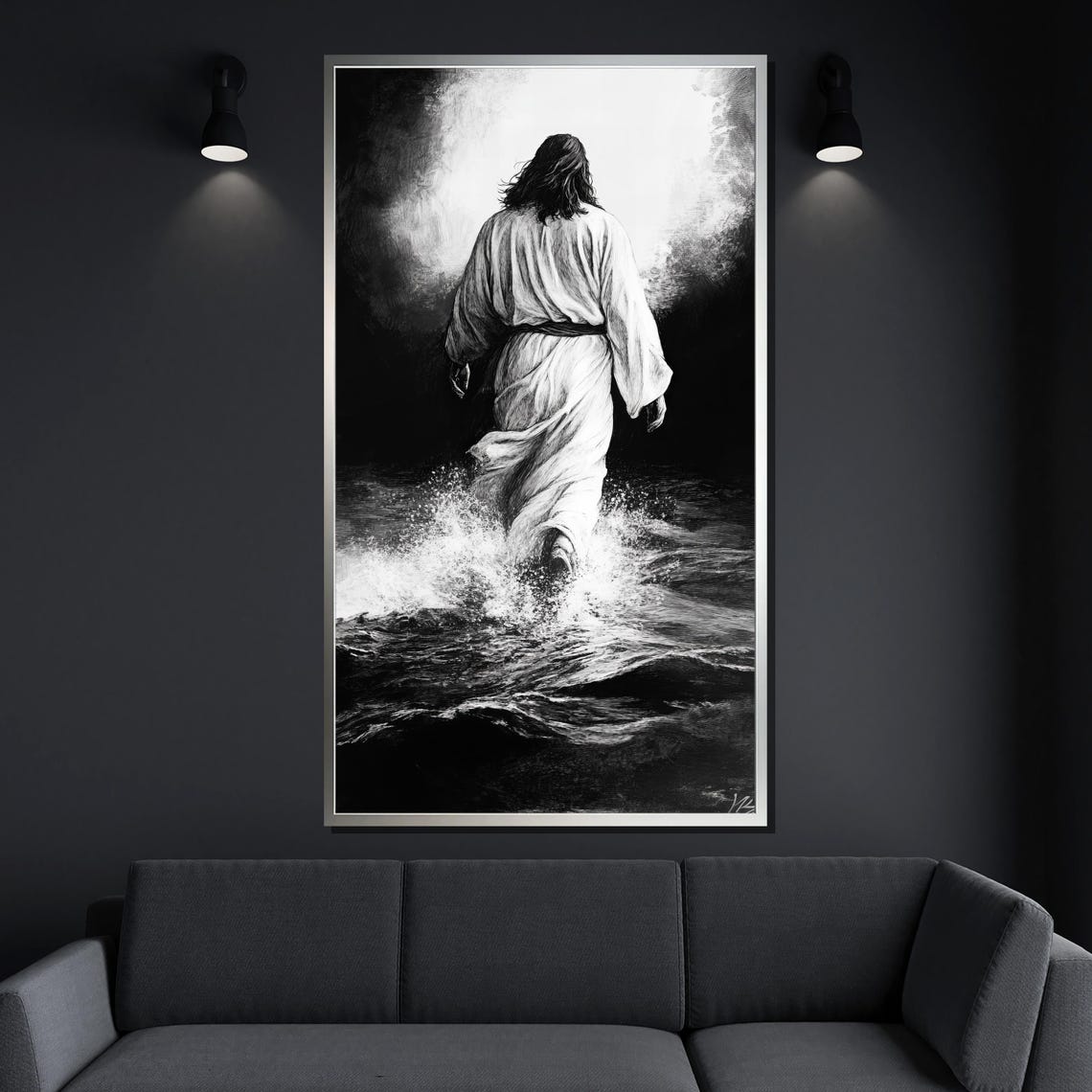 Black And White Jesus Walking On Water Under Heavenly Light Poster - Image 4