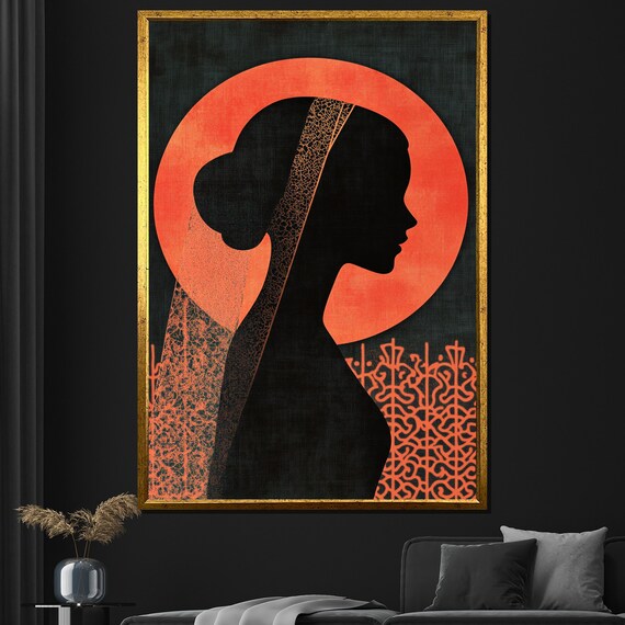 Woman Silhouette Red Sun Oriental Lace Pattern Modern Art Wall Poster