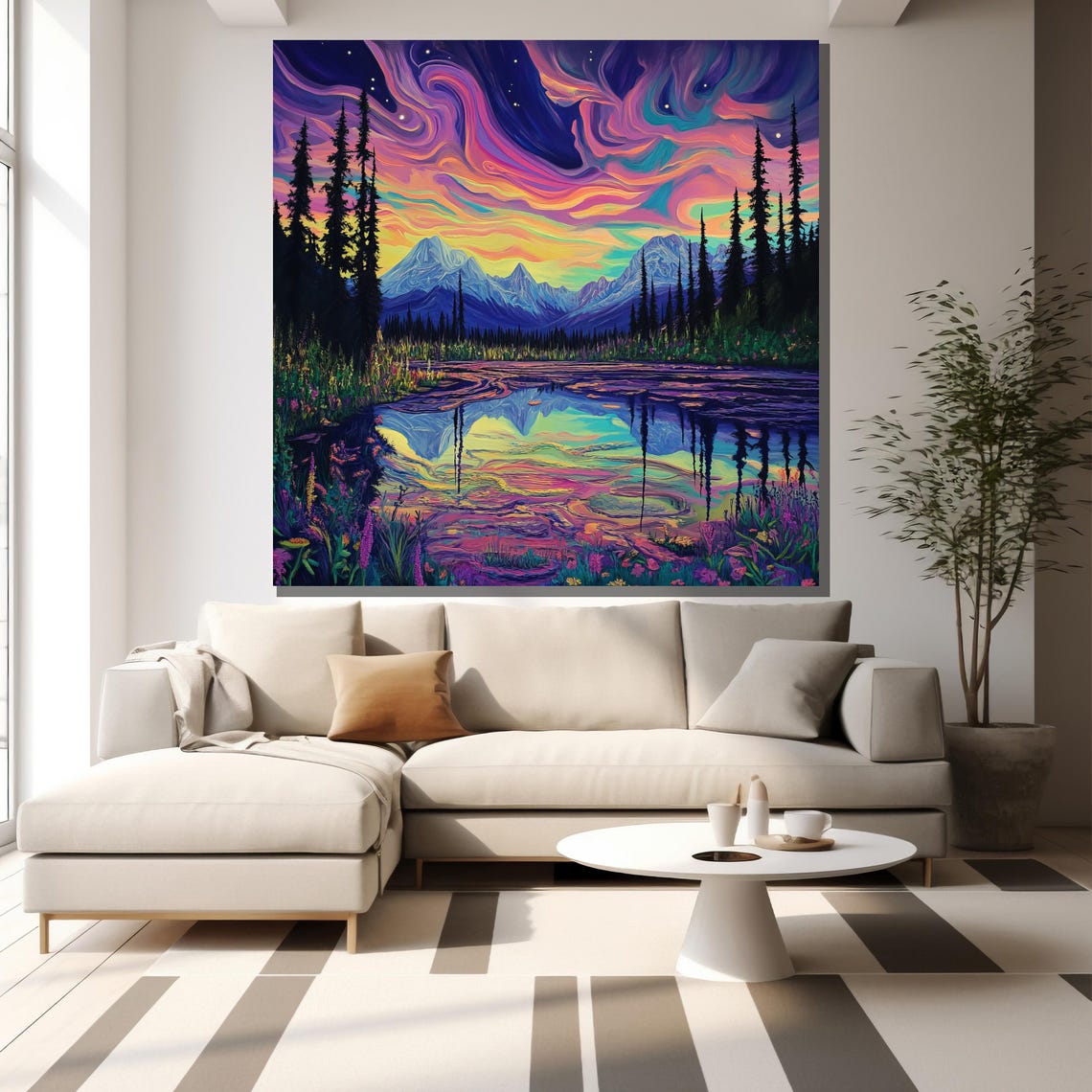 Aurora Over Mountain Lake Painting Colorful Wall Art For Home Decor And Nature Lovers Gift - Image 2