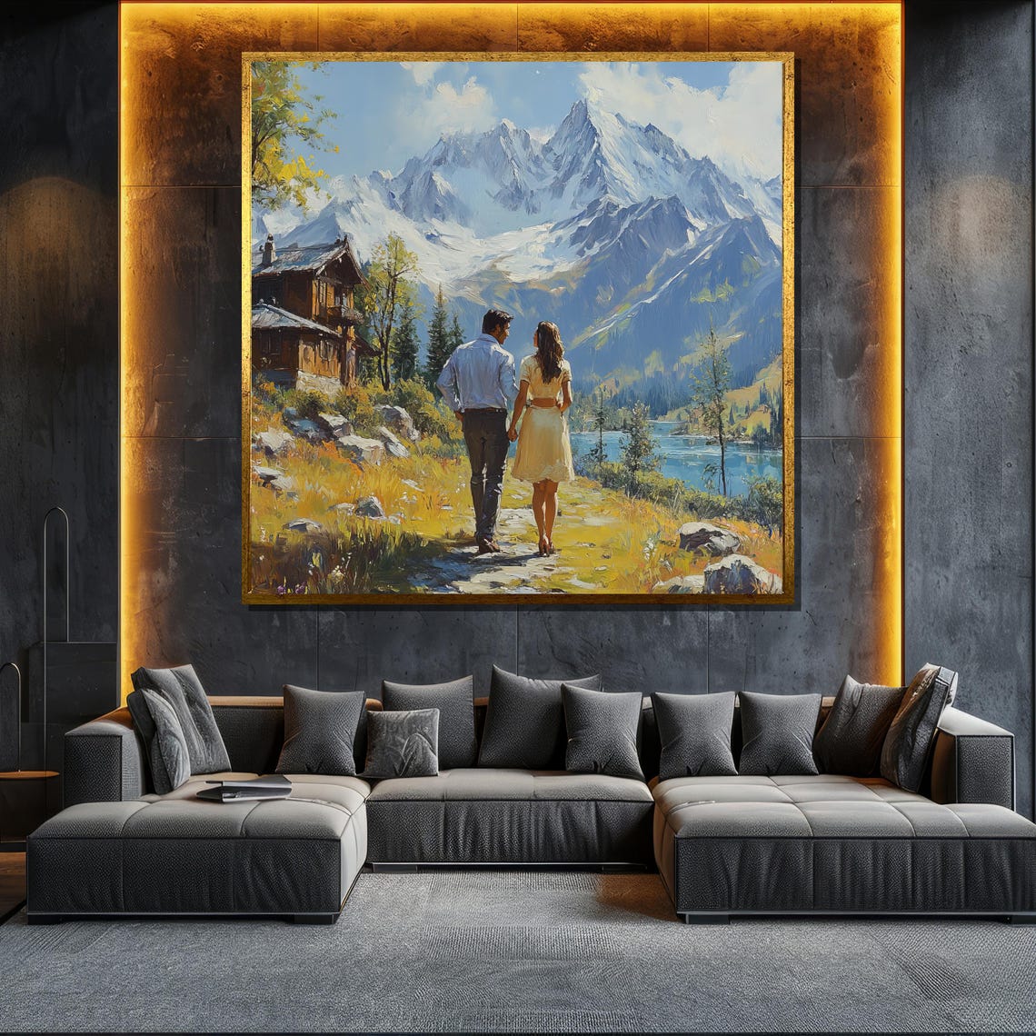 Romantic Couple Walking In Nature Painting Mountain Landscape Wall Art Modern Home Decor Gift
