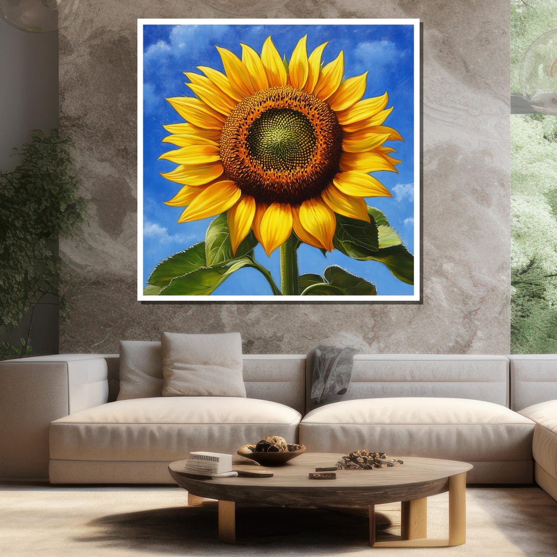 Vibrant Sunflower Blue Sky Close Up Painting Cheerful Floral Wall Art - Image 3