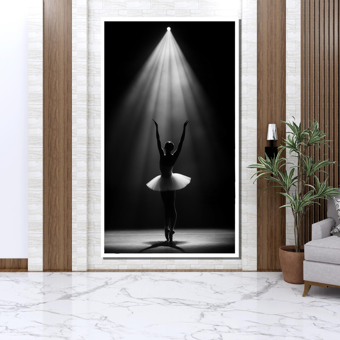 Ballerina Under Spotlight Silhouette Black And White Stage Ballet Poster - Image 3