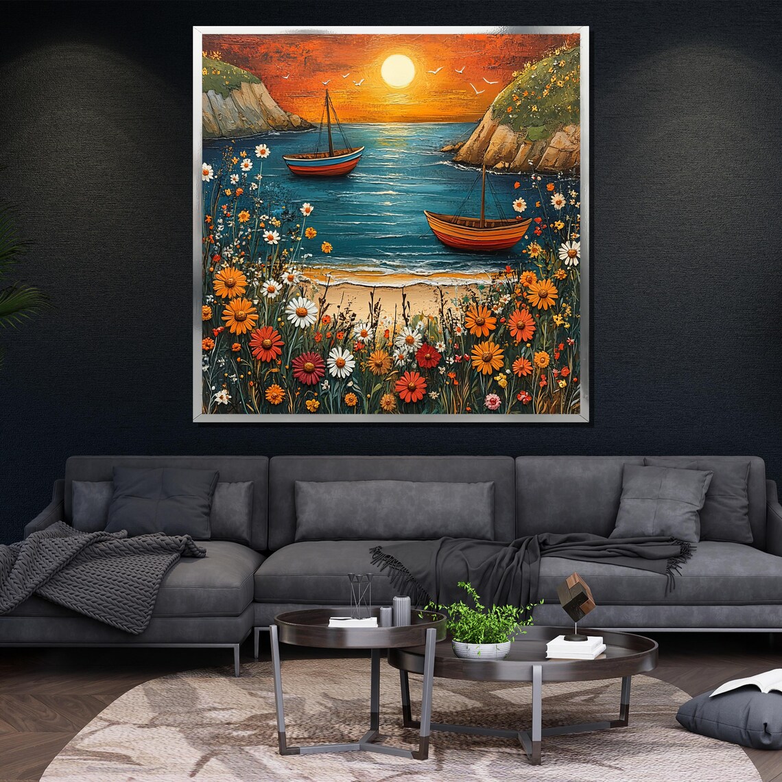 Sunset Cove Wooden Boats Wildflower Meadow Orange Sky Poster - Image 4