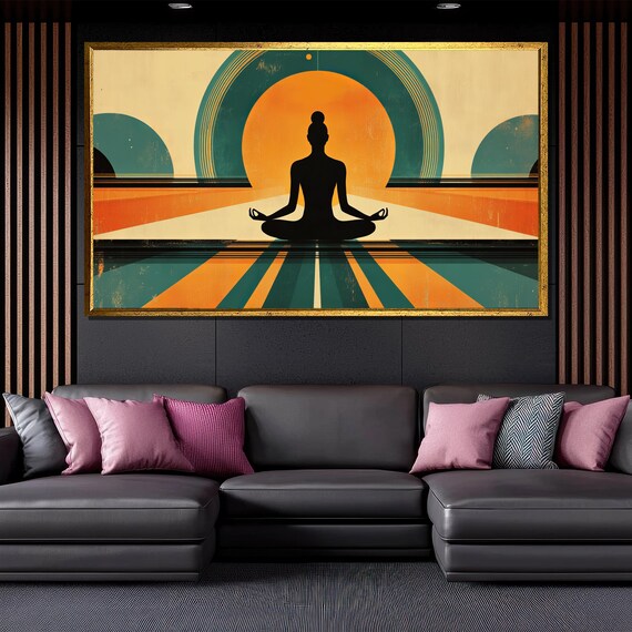 Retro Meditation Silhouette Orange Sun Teal Vintage Yoga Zen Art Poster
