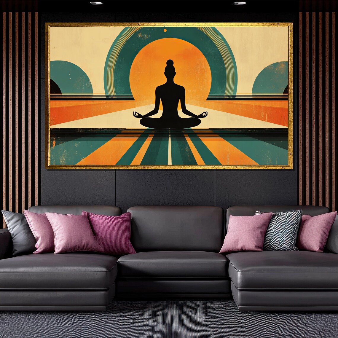 Retro Meditation Silhouette Orange Sun Teal Vintage Yoga Zen Art Poster