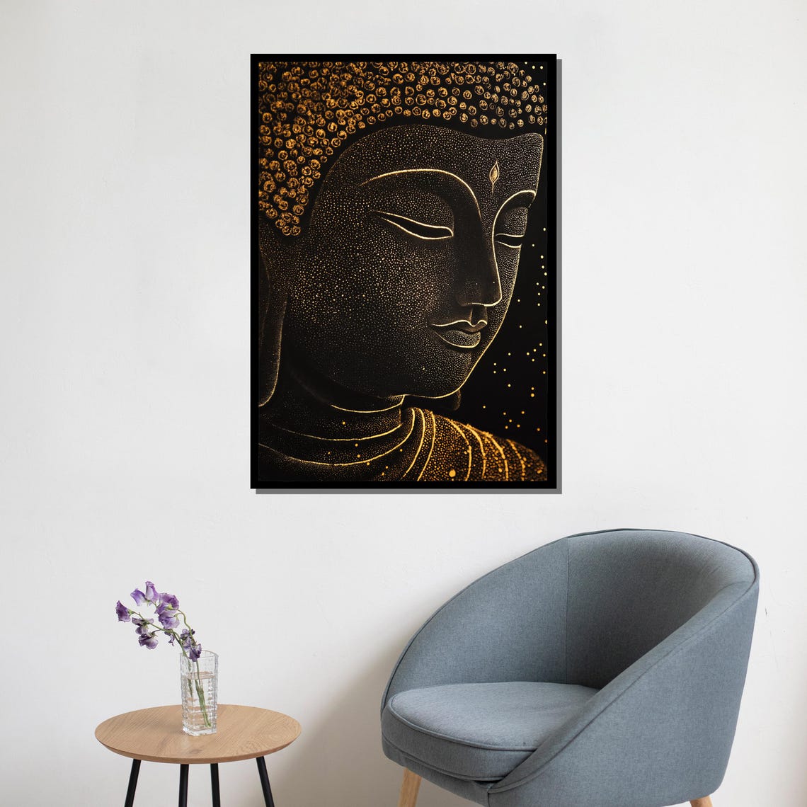 Golden Buddha Face Dotted Line Art Black Elegant Zen Meditation Poster - Image 5