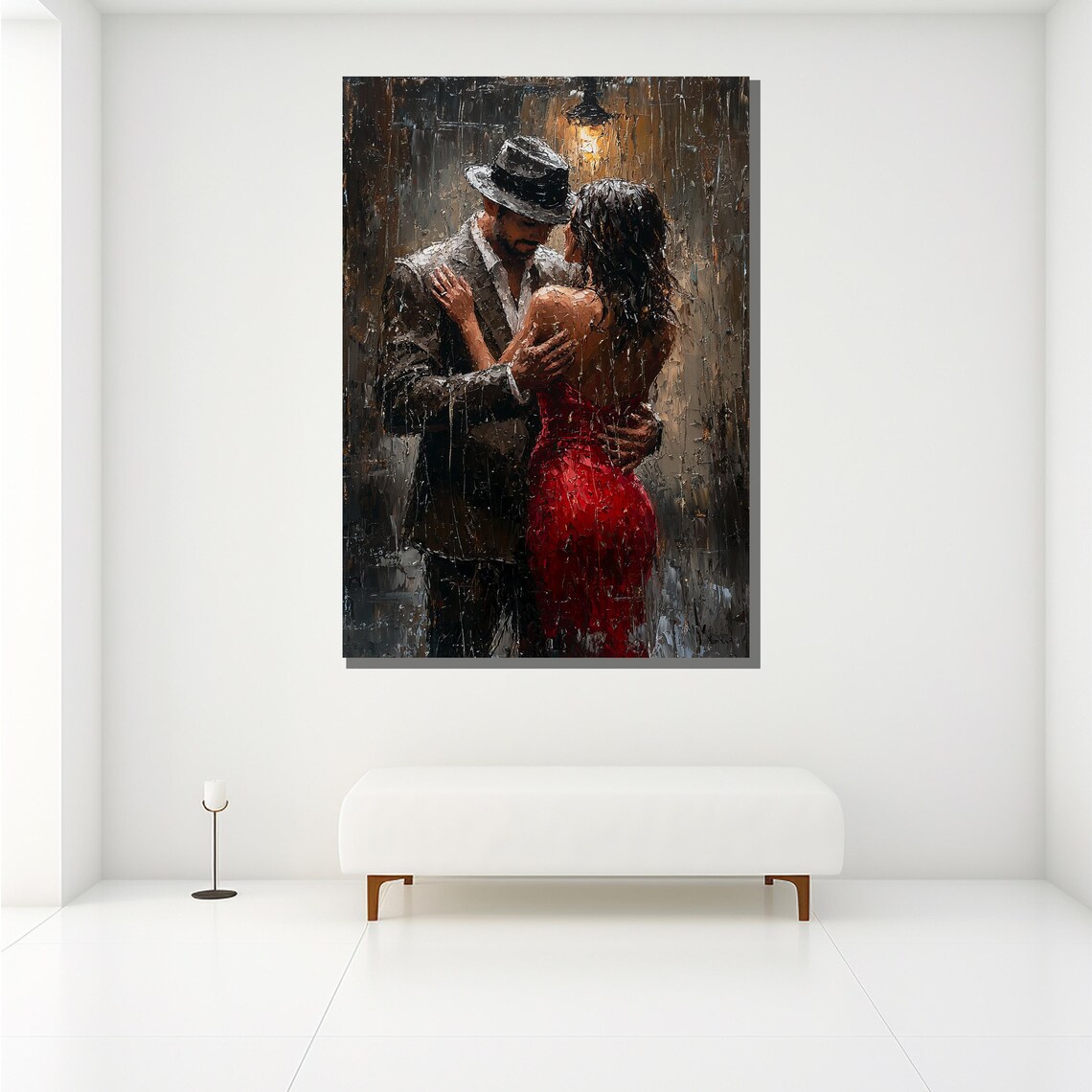 Romantic Couple Dancing In Rain Streetlamp Red Dress Painting Wall Poster - Image 2