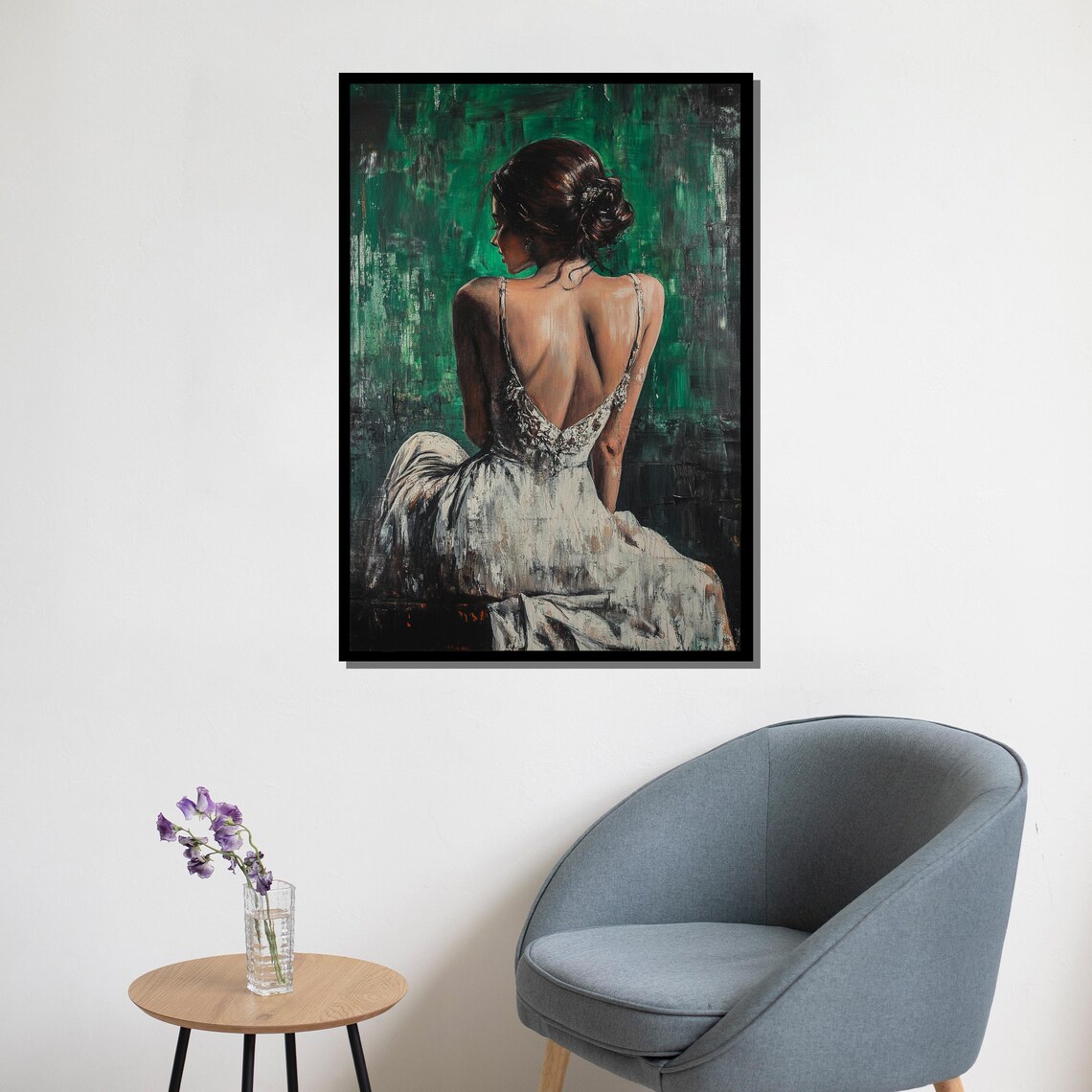 Elegant Woman White Dress Back View Emerald Green Painting Wall Poster - Image 5