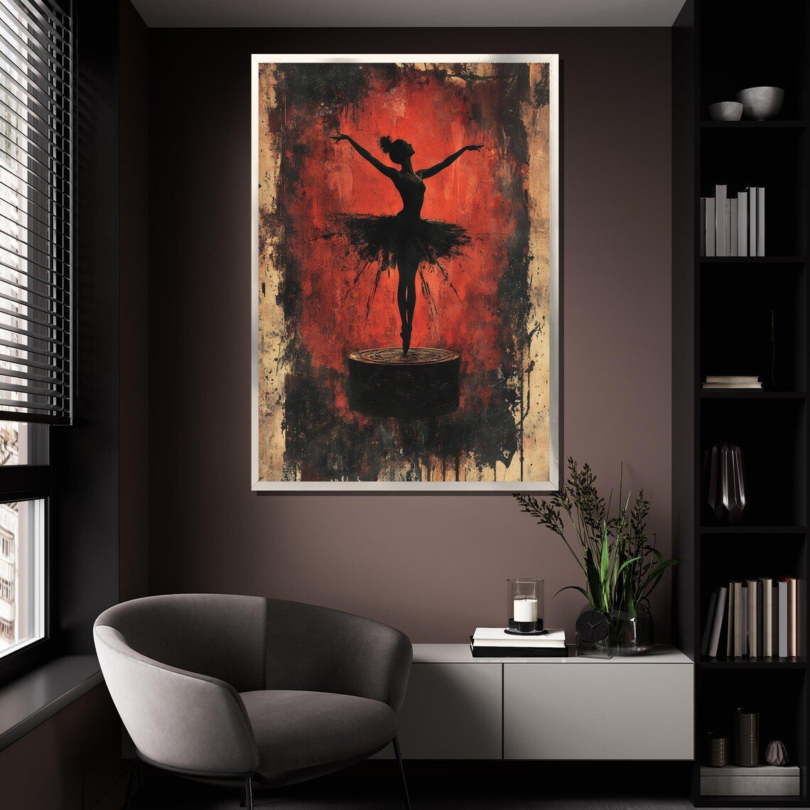 Dark Ballerina Music Box Silhouette On Red Grunge Background Poster - Image 4