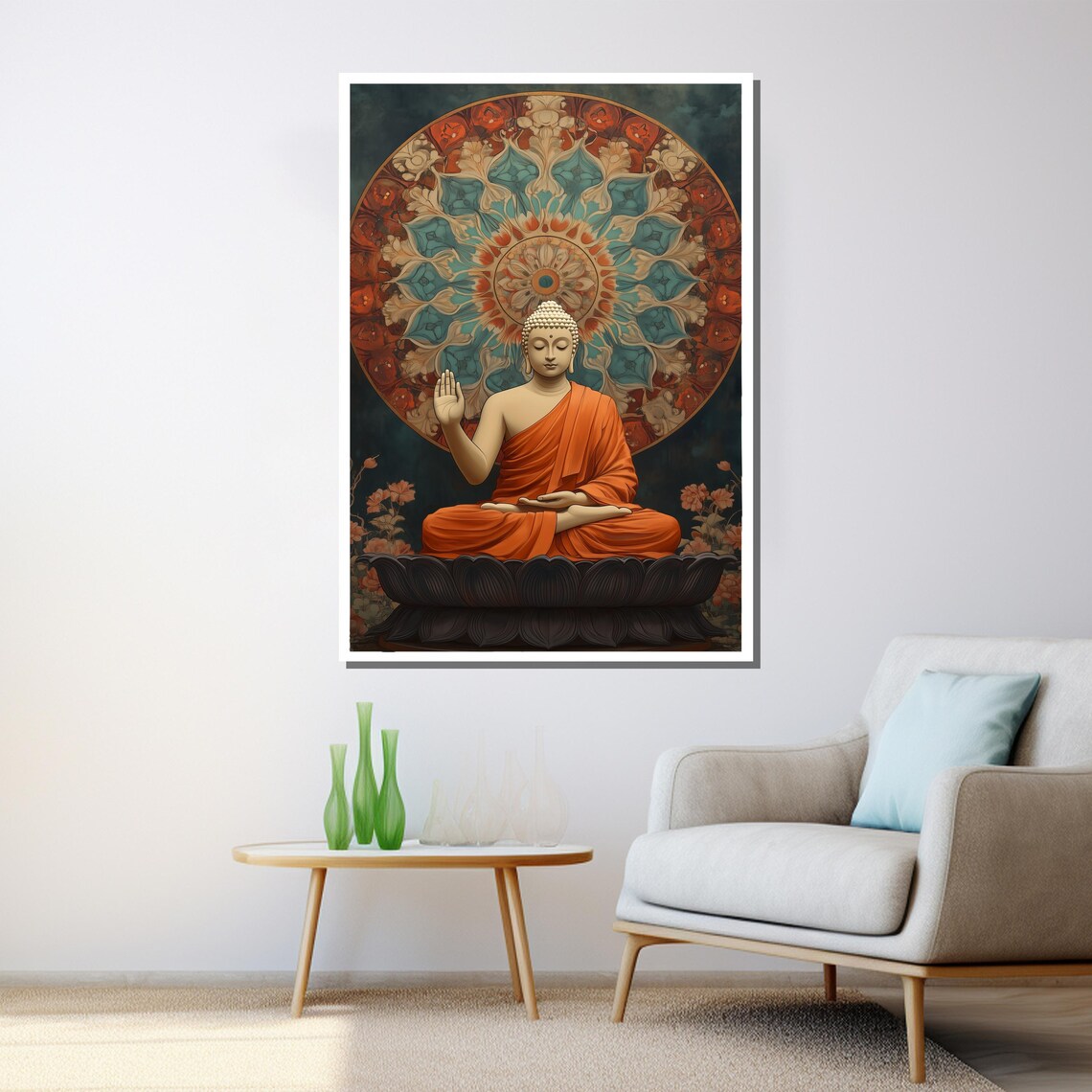 Orange Robe Buddha Lotus Mandala Teal Vibrant Zen Meditation Art Poster - Image 3