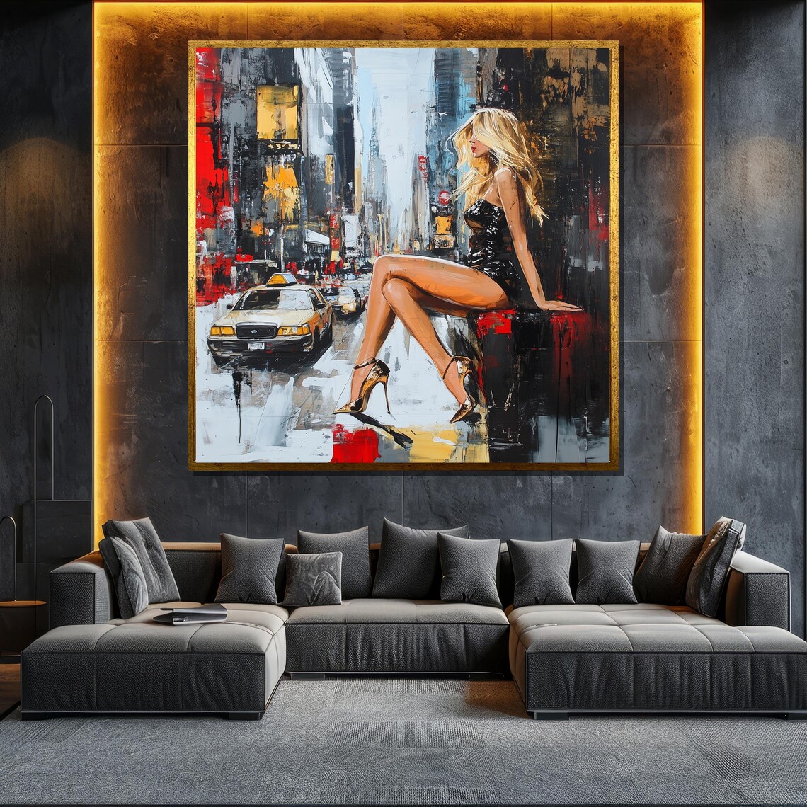 New York City Woman Yellow Taxi Urban Street Pop Art Painting Poster