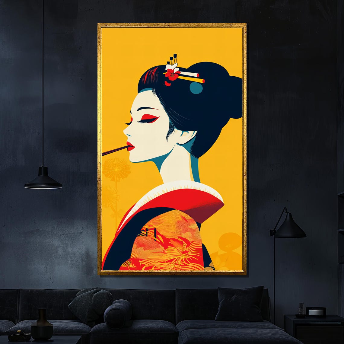 Modern Geisha Portrait On Mustard Yellow Bold Graphic Art Poster