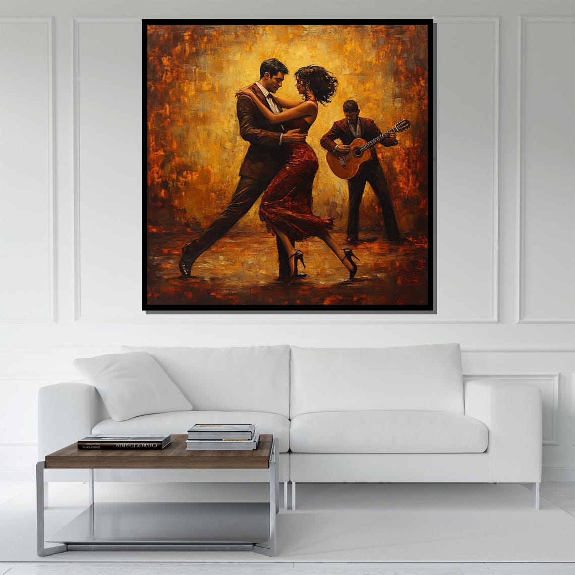 Tango Dancers With Guitarist Golden Textured Romantic Painting Poster - Image 5