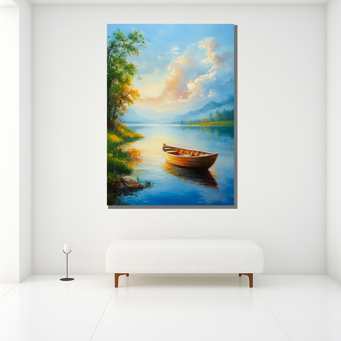 Wooden Rowboat Calm Lake Sunset Golden Trees Tranquil Painting Poster - Image 2