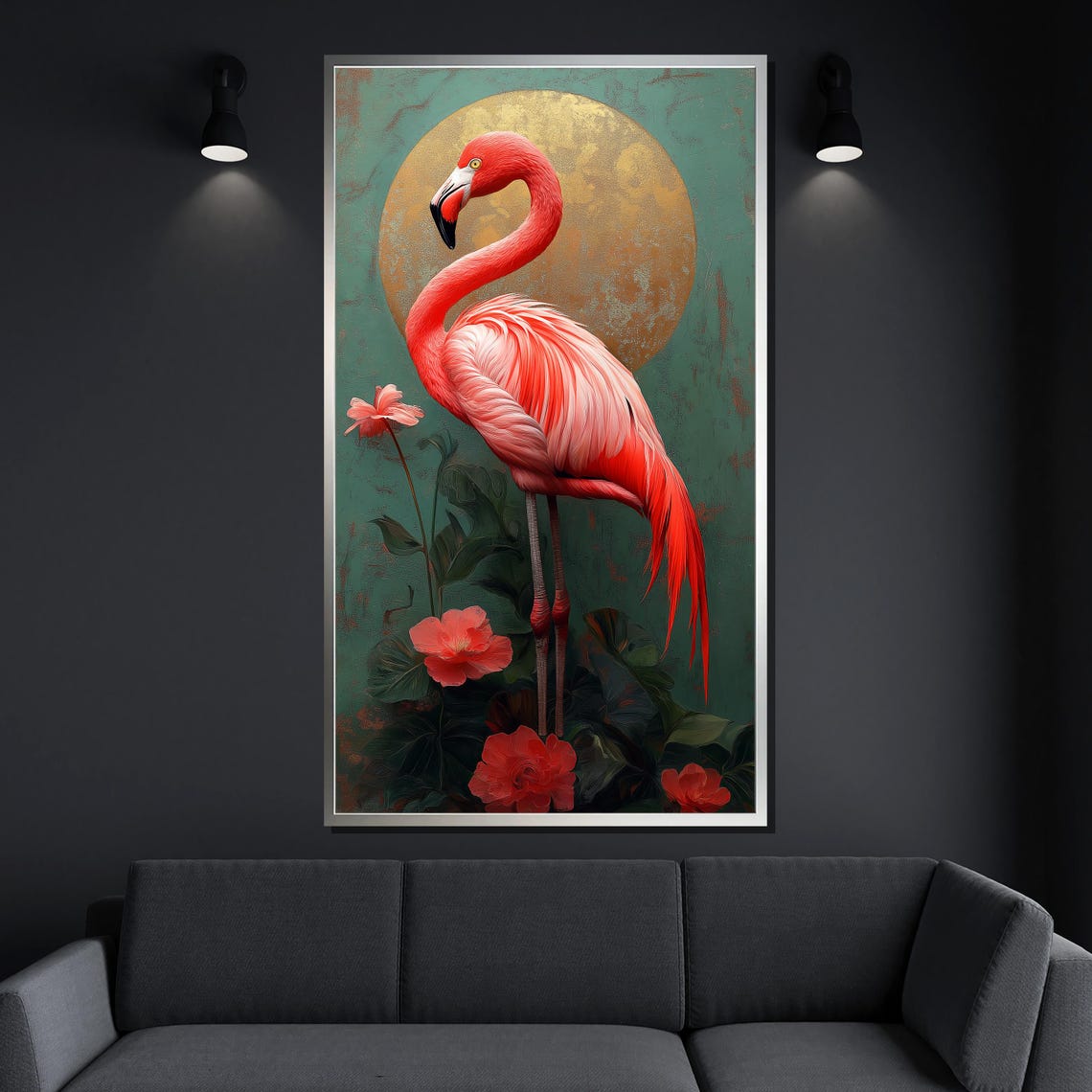 Flamingo Golden Moon Tropical Elegant Pink Bird Floral Wall Art - Image 4