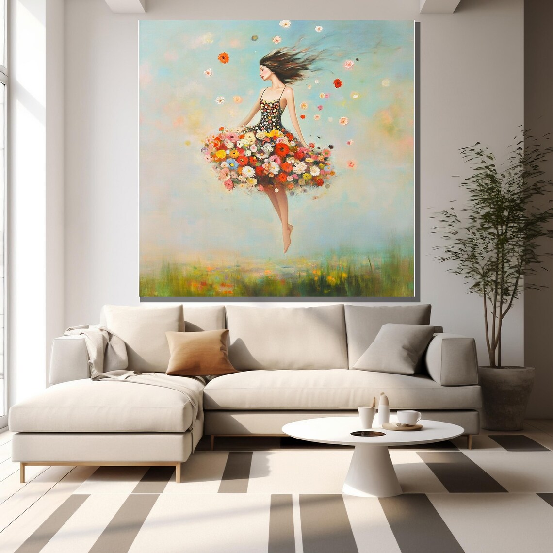 Floating Woman Flower Dress Surreal Dreamy Floral Painting Wall Poster - Image 2