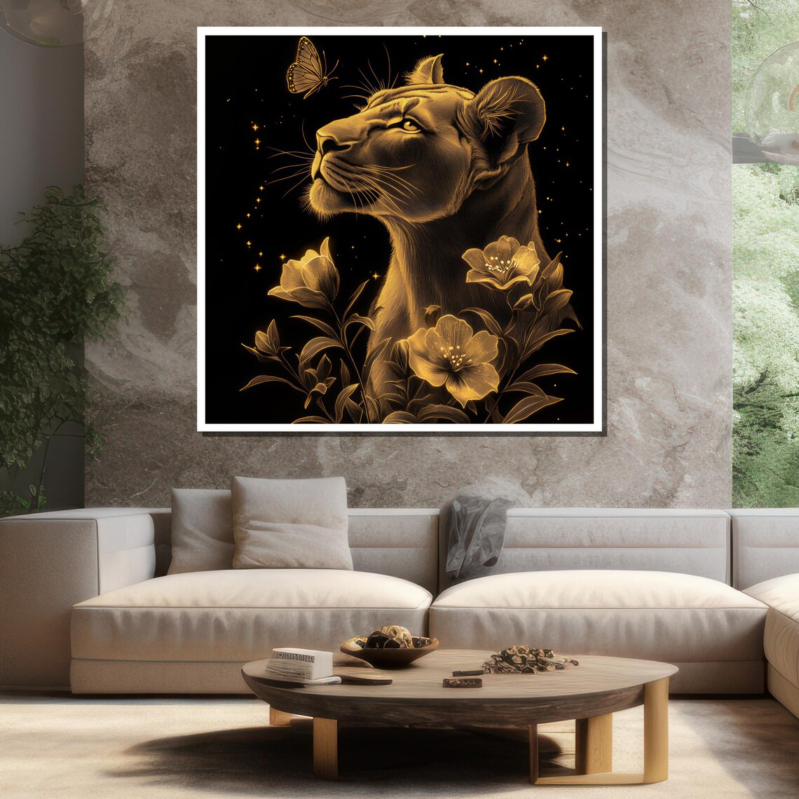 Lioness Golden Floral Elegant Black Gold Wildlife Butterfly Wall Art - Image 3