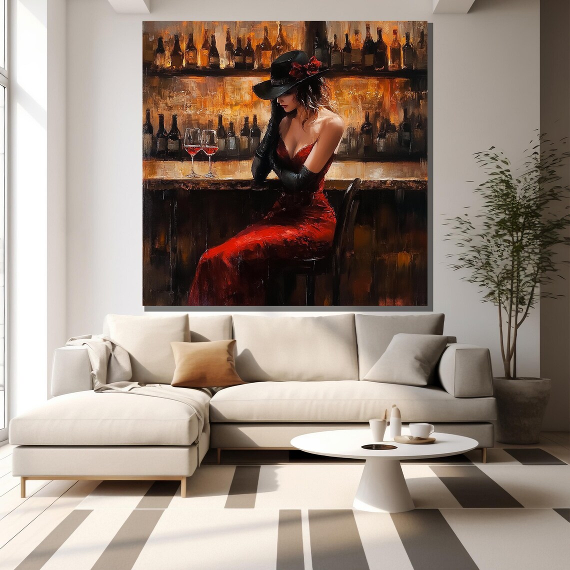 Red Dress Woman Wine Bar Painting Sultry Nightlife Elegant Wall Poster - Image 2