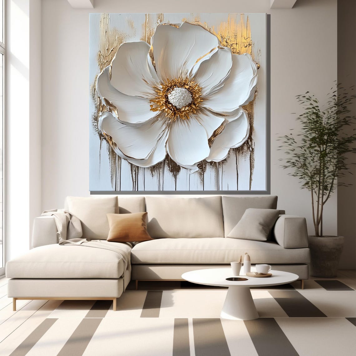 Stunning Large White Flower Gold Center Textured Abstract Art Poster - Image 2